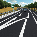 **Smart Road Sign with AR Overlay:** "A futuristic road sign displaying dynamic, real-time traffic information with augmented reality (AR) navigation arrows overlaid onto the road. The scene is set on a highway with autonomous vehicles seamlessly integrated into the traffic flow, all rendered in a sleek, digital art style. Emphasis on clarity, accuracy, and connectivity. high-resolution, photorealistic"