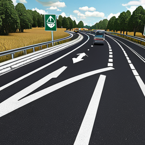 **Smart Road Sign with AR Overlay:** "A futuristic road sign displaying dynamic, real-time traffic information with augmented reality (AR) navigation arrows overlaid onto the road. The scene is set on a highway with autonomous vehicles seamlessly integrated into the traffic flow, all rendered in a sleek, digital art style. Emphasis on clarity, accuracy, and connectivity. high-resolution, photorealistic"