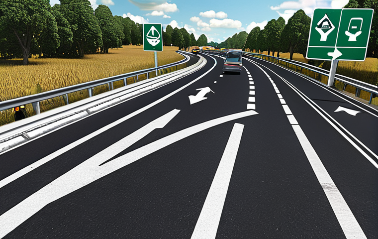 **Smart Road Sign with AR Overlay:** "A futuristic road sign displaying dynamic, real-time traffic information with augmented reality (AR) navigation arrows overlaid onto the road. The scene is set on a highway with autonomous vehicles seamlessly integrated into the traffic flow, all rendered in a sleek, digital art style. Emphasis on clarity, accuracy, and connectivity. high-resolution, photorealistic"