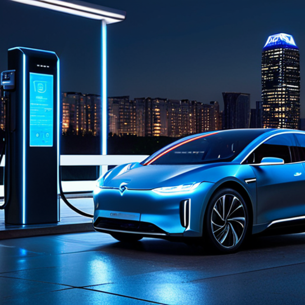 A professional person, fully clothed in a modern business suit, standing next to a sleek, futuristic electric vehicle at an ultra-fast charging station. The station is illuminated with soft, glowing blue lights, indicating energy flow. Holographic data displays float in the air showing battery charging progress and V2G energy statistics. In the background, a clean, modern city skyline at dusk. The person has a natural pose, looking at the holographic interface. The electric vehicle is a contemporary design. high detail, professional photography, cinematic lighting, perfect anatomy, correct proportions, well-formed hands, proper finger count, natural body proportions, safe for work, appropriate content, fully clothed, professional.