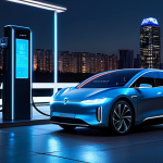 A professional person, fully clothed in a modern business suit, standing next to a sleek, futuristic electric vehicle at an ultra-fast charging station. The station is illuminated with soft, glowing blue lights, indicating energy flow. Holographic data displays float in the air showing battery charging progress and V2G energy statistics. In the background, a clean, modern city skyline at dusk. The person has a natural pose, looking at the holographic interface. The electric vehicle is a contemporary design. high detail, professional photography, cinematic lighting, perfect anatomy, correct proportions, well-formed hands, proper finger count, natural body proportions, safe for work, appropriate content, fully clothed, professional.