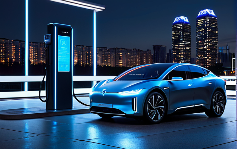 A professional person, fully clothed in a modern business suit, standing next to a sleek, futuristic electric vehicle at an ultra-fast charging station. The station is illuminated with soft, glowing blue lights, indicating energy flow. Holographic data displays float in the air showing battery charging progress and V2G energy statistics. In the background, a clean, modern city skyline at dusk. The person has a natural pose, looking at the holographic interface. The electric vehicle is a contemporary design. high detail, professional photography, cinematic lighting, perfect anatomy, correct proportions, well-formed hands, proper finger count, natural body proportions, safe for work, appropriate content, fully clothed, professional.