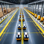 Smart Warehouse Automation**

"A vast, brightly lit modern warehouse filled with automated guided vehicles (AGVs) moving packages, robotic arms sorting goods, workers in hard hats monitoring systems, fully clothed, appropriate attire, safe for work, perfect anatomy, correct proportions, natural pose, professional photography, high quality, family-friendly, showcasing efficient and safe operations, diverse activities of multiple robots performing tasks, logistics, conveying a sense of technological advancement."

**