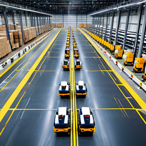 Smart Warehouse Automation**

"A vast, brightly lit modern warehouse filled with automated guided vehicles (AGVs) moving packages, robotic arms sorting goods, workers in hard hats monitoring systems, fully clothed, appropriate attire, safe for work, perfect anatomy, correct proportions, natural pose, professional photography, high quality, family-friendly, showcasing efficient and safe operations, diverse activities of multiple robots performing tasks, logistics, conveying a sense of technological advancement."

**