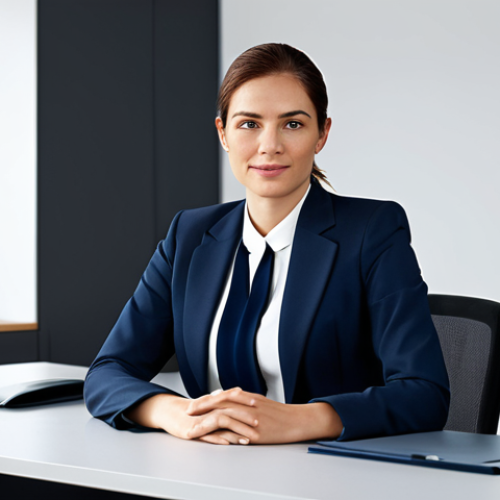A professional businesswoman in a modest business suit, sitting at a desk in a modern office, fully clothed, appropriate attire, safe for work, perfect anatomy, natural proportions, professional photography, high quality.