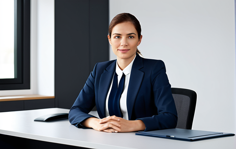 A professional businesswoman in a modest business suit, sitting at a desk in a modern office, fully clothed, appropriate attire, safe for work, perfect anatomy, natural proportions, professional photography, high quality.