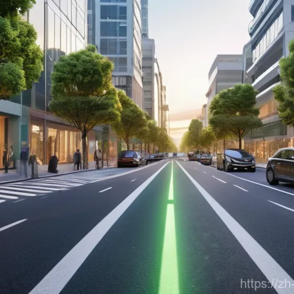 친환경 운송 - **A Serene Smart City Commute:** A wide, modern city avenue at dawn, bathed in soft, warm light. Int...