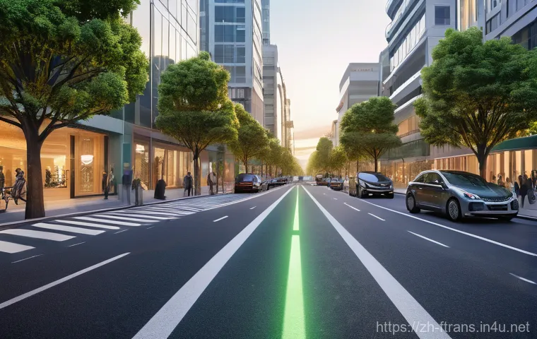 친환경 운송 - **A Serene Smart City Commute:** A wide, modern city avenue at dawn, bathed in soft, warm light. Int...