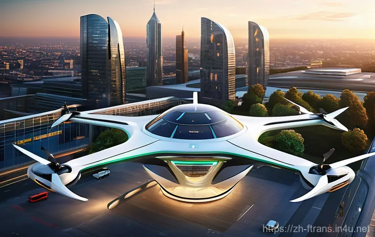 플라잉 택시 - Urban Air Mobility Hub at Golden Hour**

A hyperrealistic image depicting a vibrant, futuristic city...