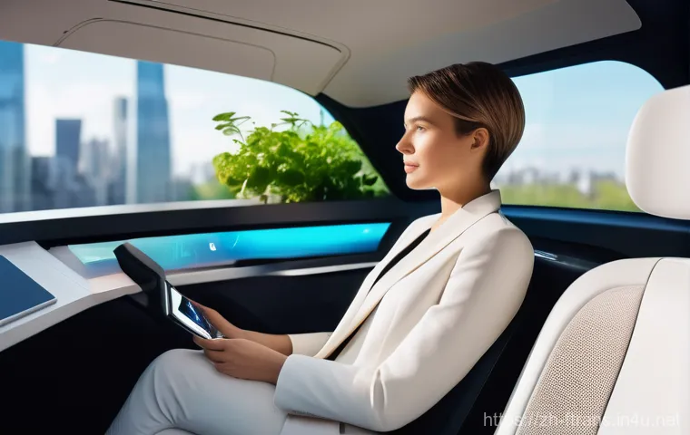 공유 경제와 자율주행차 - **Prompt:** A young professional woman, late 20s, with short, stylish hair, is comfortably seated in...