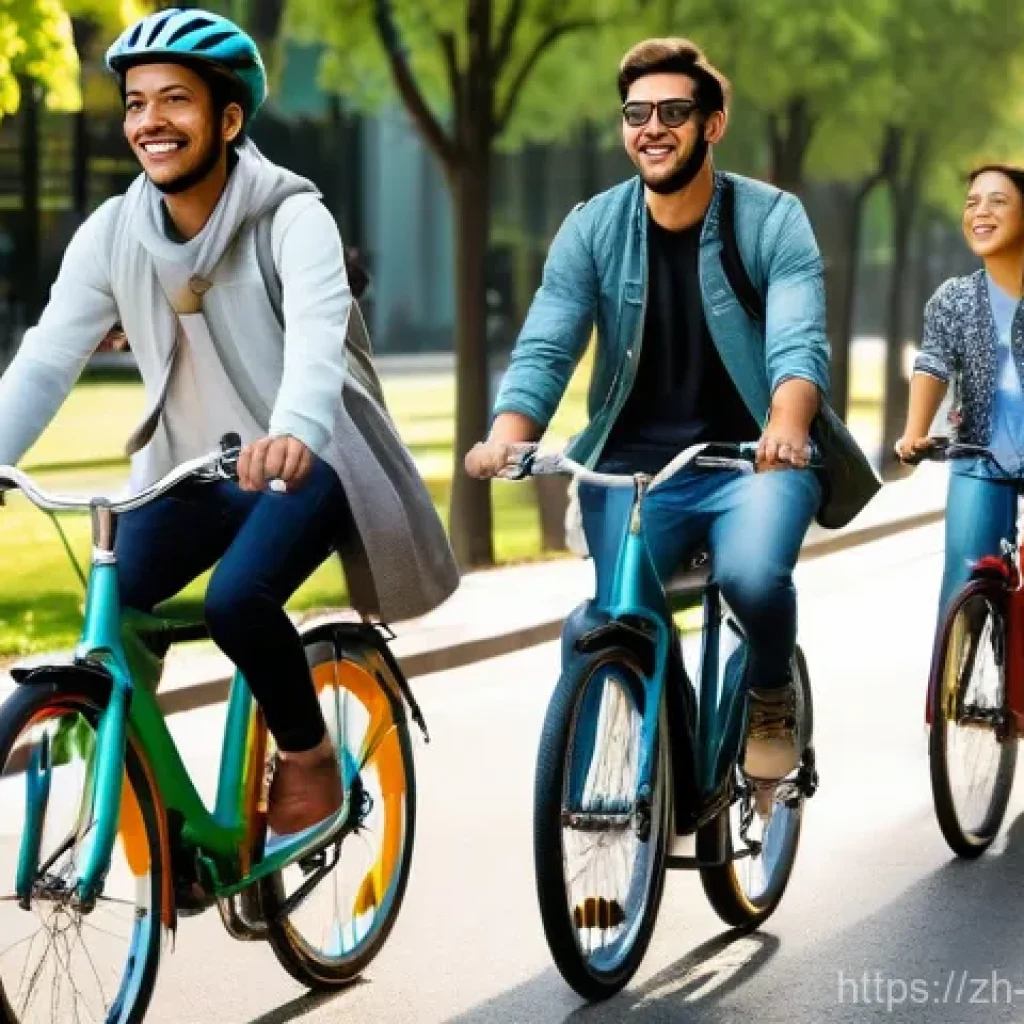 공유 교통 시스템 - **Urban Shared Cycling Joy:**
"A group of diverse individuals, including young professionals and...