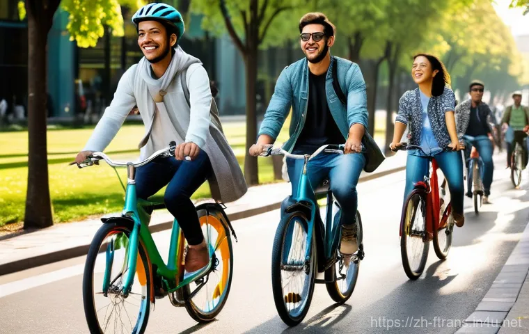 공유 교통 시스템 - **Urban Shared Cycling Joy:**
    "A group of diverse individuals, including young professionals and...