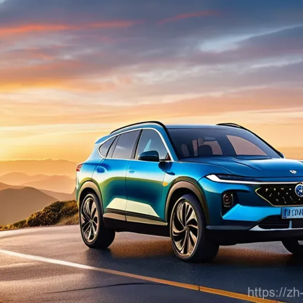 친환경 자동차 - **Prompt:** A modern, sleek electric SUV is parked on a picturesque winding mountain road, with a fa...