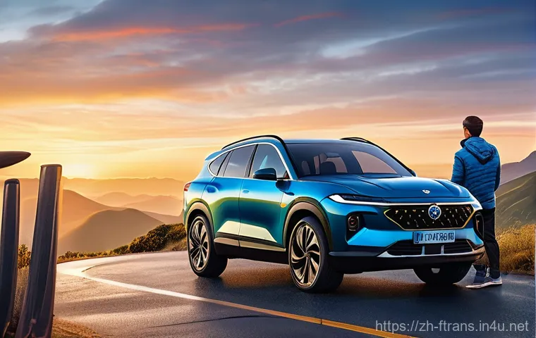 친환경 자동차 - **Prompt:** A modern, sleek electric SUV is parked on a picturesque winding mountain road, with a fa...