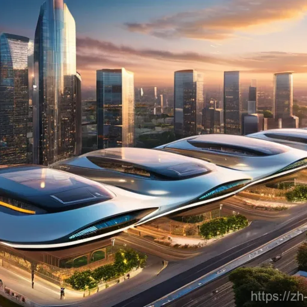 하늘을 나는 자동차 인프라 - A futuristic cityscape at sunset, featuring multiple sleek, electric vertical take-off and landing (...