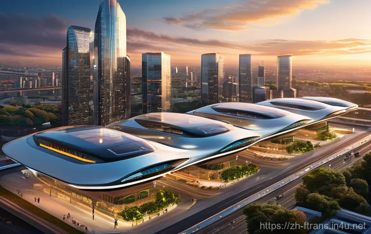 하늘을 나는 자동차 인프라 - A futuristic cityscape at sunset, featuring multiple sleek, electric vertical take-off and landing (...