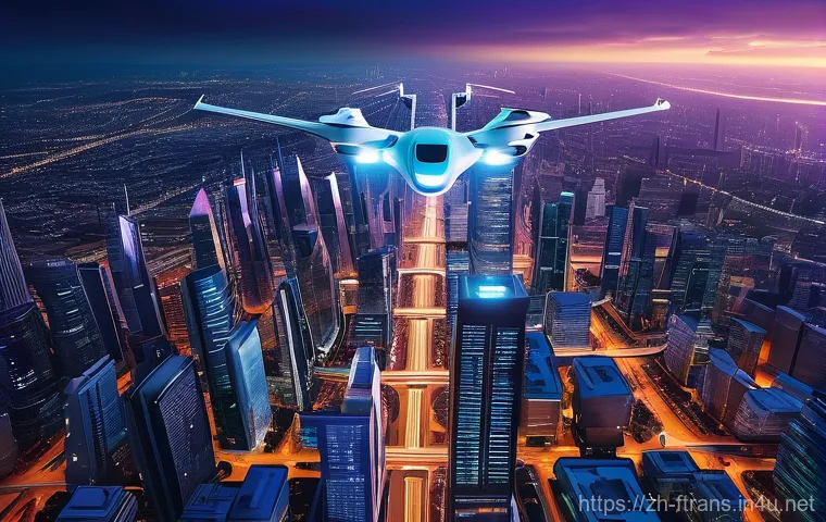 하늘을 나는 자동차 인프라 - A futuristic cityscape at sunset, featuring multiple sleek, electric vertical take-off and landing (... 하늘을 나는 자동차 인프라 - A futuristic cityscape at sunset, featuring multiple sleek, electric vertical take-off and landing (...