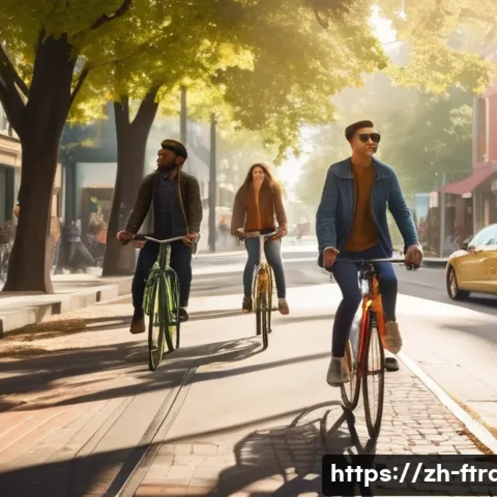 공유 경제와 미래 운송 - **Prompt:** "A vibrant, sunny morning scene in a modern, bustling city. A diverse group of young pro...