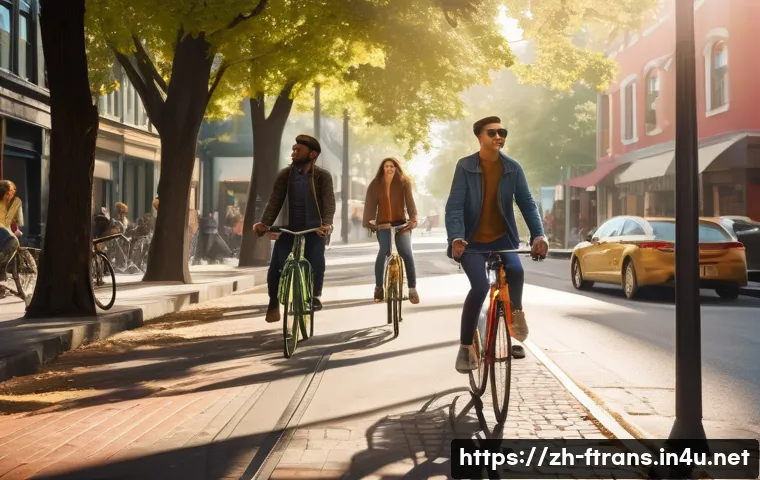 공유 경제와 미래 운송 - **Prompt:** "A vibrant, sunny morning scene in a modern, bustling city. A diverse group of young pro...