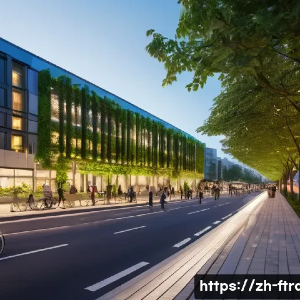 지속 가능한 운송 - A bustling, eco-friendly futuristic cityscape at dusk, with soft, ambient lighting. Diverse people, ...