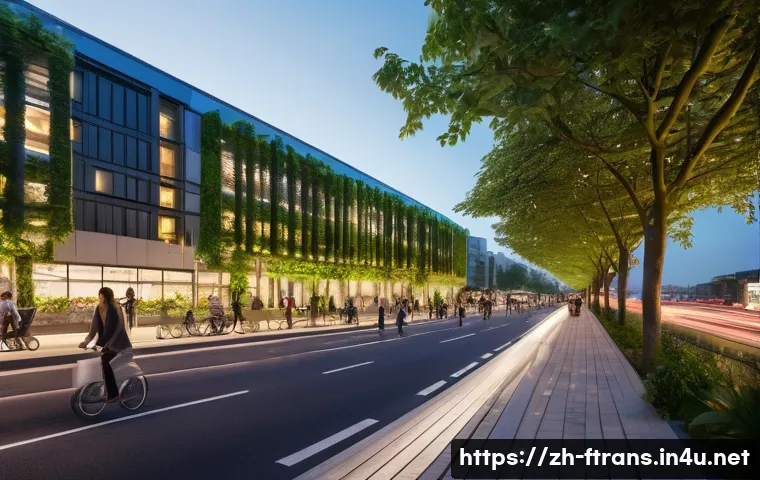 지속 가능한 운송 - A bustling, eco-friendly futuristic cityscape at dusk, with soft, ambient lighting. Diverse people, ...