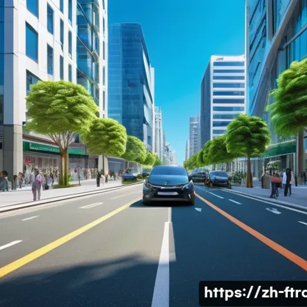 지속 가능한 교통 - A futuristic smart city street scene during daytime, featuring an intelligent traffic management sys...