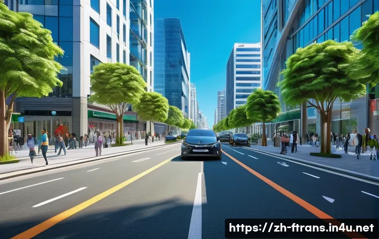 지속 가능한 교통 - A futuristic smart city street scene during daytime, featuring an intelligent traffic management sys...