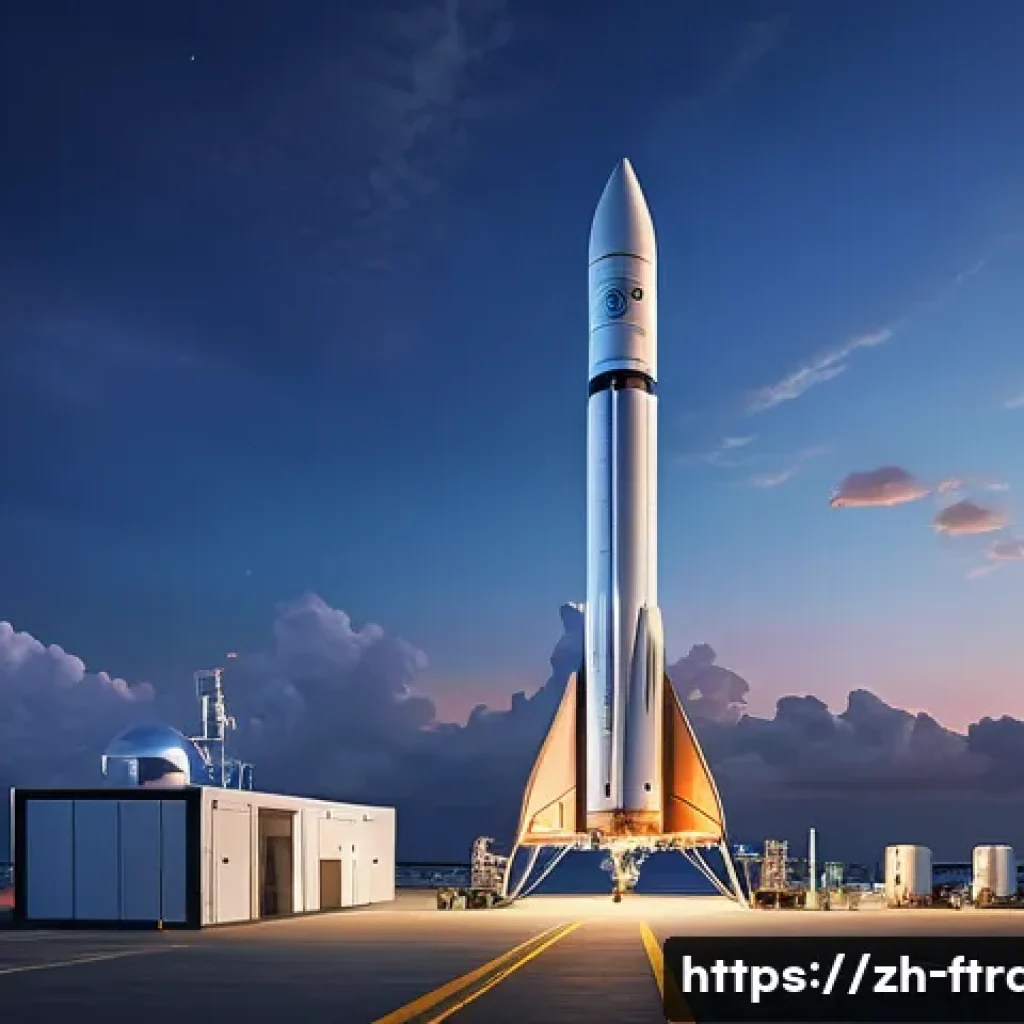 우주 항공사 - A futuristic rocket launch scene at a coastal spaceport during dusk, showcasing a reusable methane-p...