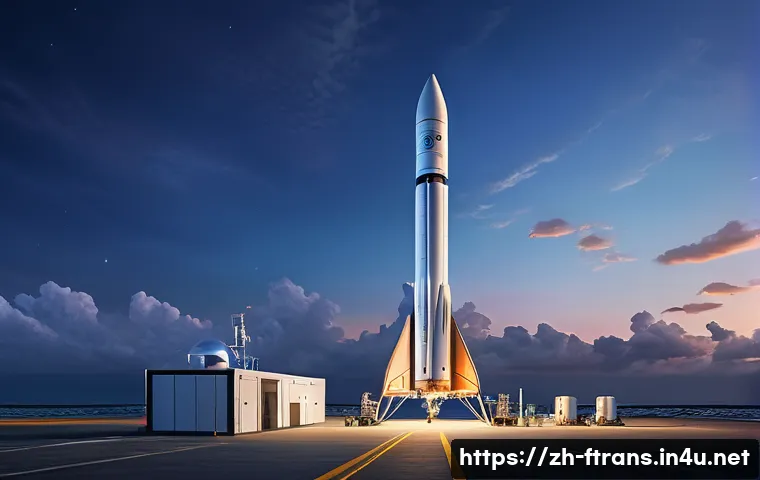우주 항공사 - A futuristic rocket launch scene at a coastal spaceport during dusk, showcasing a reusable methane-p...