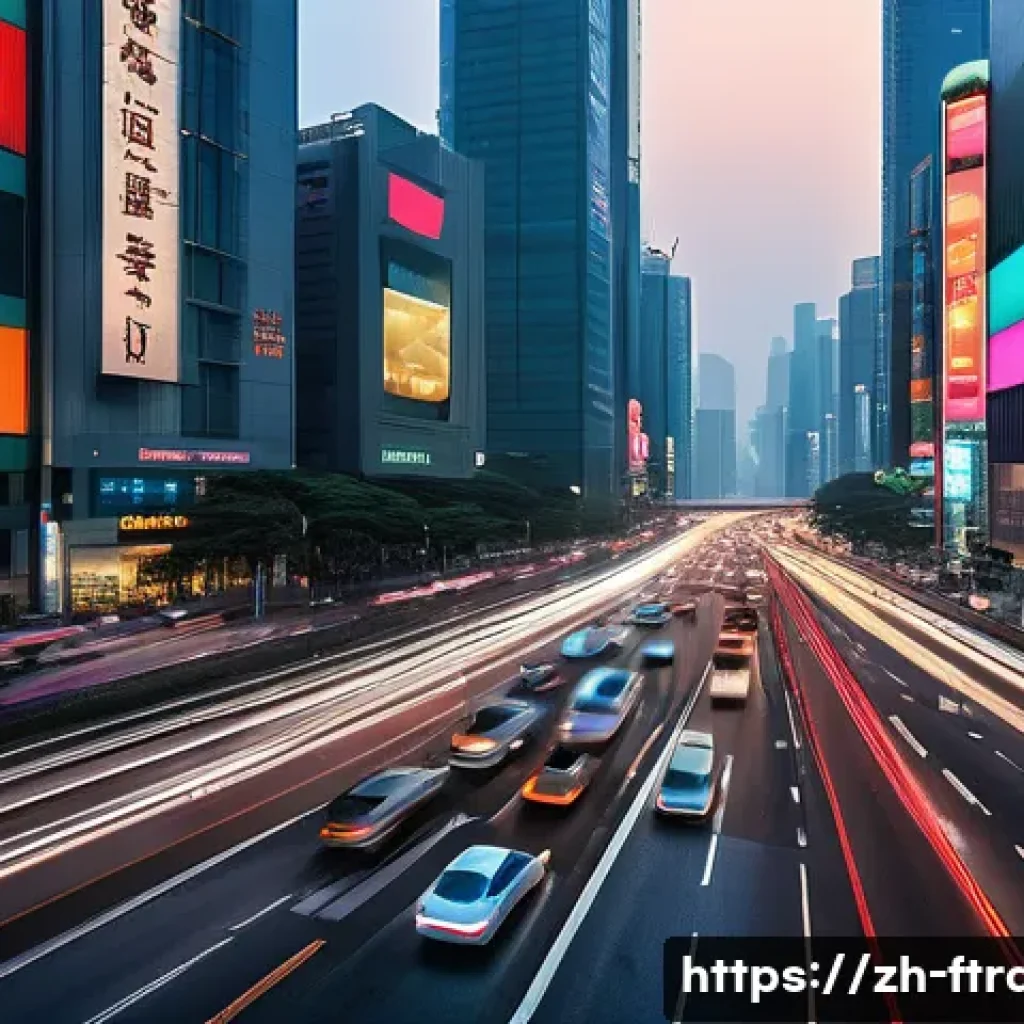 인공지능 운송 기술 - A bustling urban intersection at dusk featuring advanced smart traffic lights with glowing LED signa...