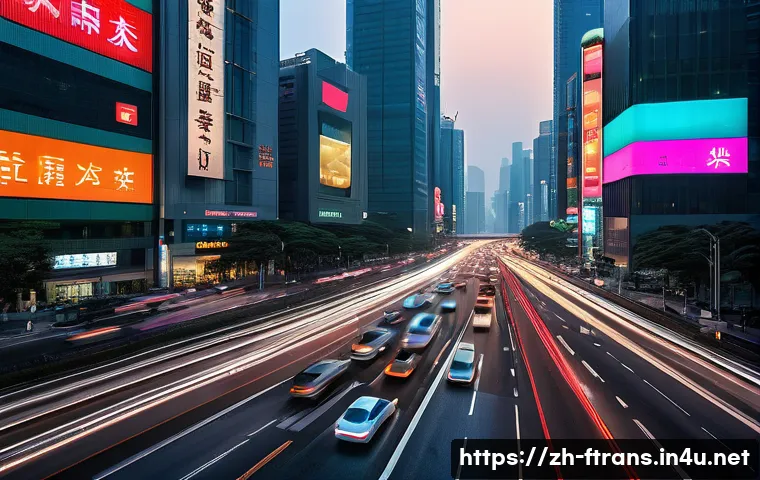 인공지능 운송 기술 - A bustling urban intersection at dusk featuring advanced smart traffic lights with glowing LED signa...