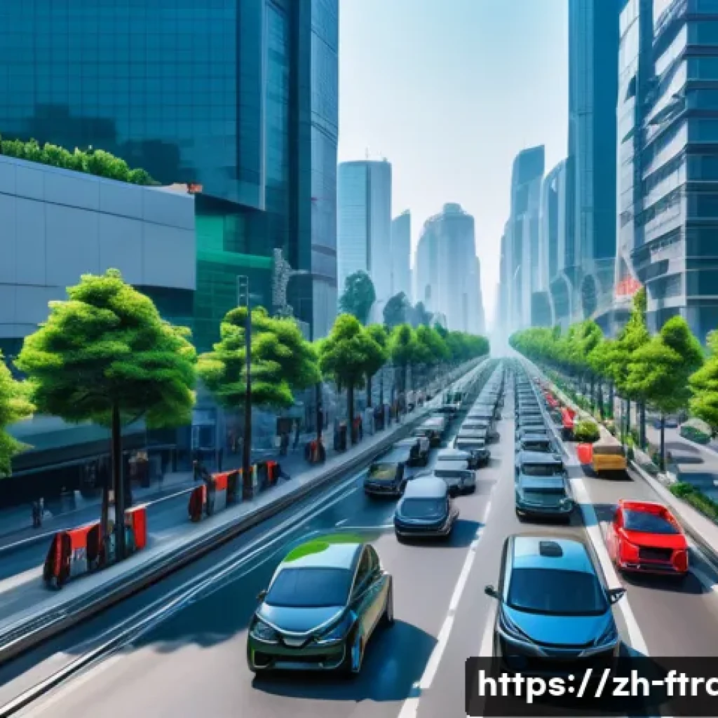 미래 운송의 환경적 영향 - A vibrant urban street scene in a modern Chinese city showcasing a diverse fleet of electric vehicle...