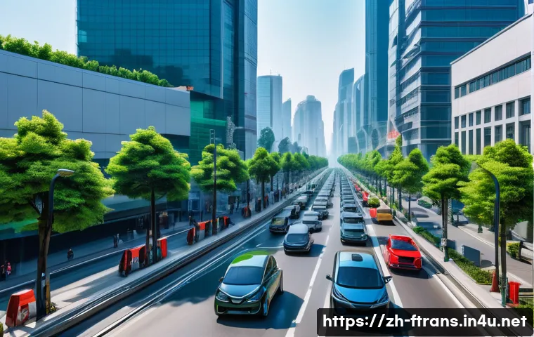 미래 운송의 환경적 영향 - A vibrant urban street scene in a modern Chinese city showcasing a diverse fleet of electric vehicle...