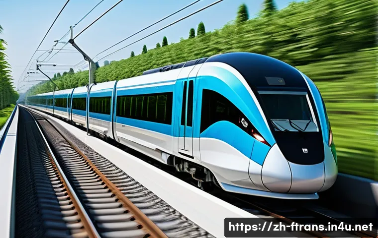 고속철도 운행 - A sleek modern high-speed train gliding smoothly on an advanced railway track featuring seamless ste...