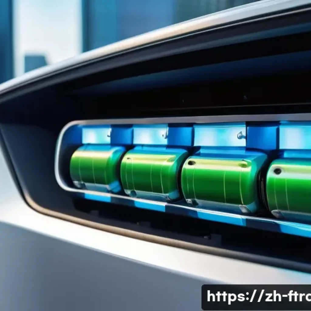 전기차 주행거리 - A modern electric car battery pack close-up, showcasing sleek lithium-ion cells with glowing blue an...