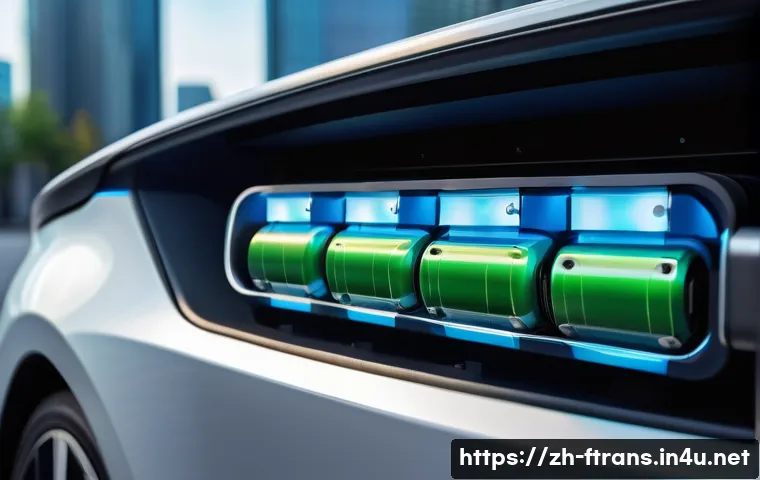 전기차 주행거리 - A modern electric car battery pack close-up, showcasing sleek lithium-ion cells with glowing blue an...