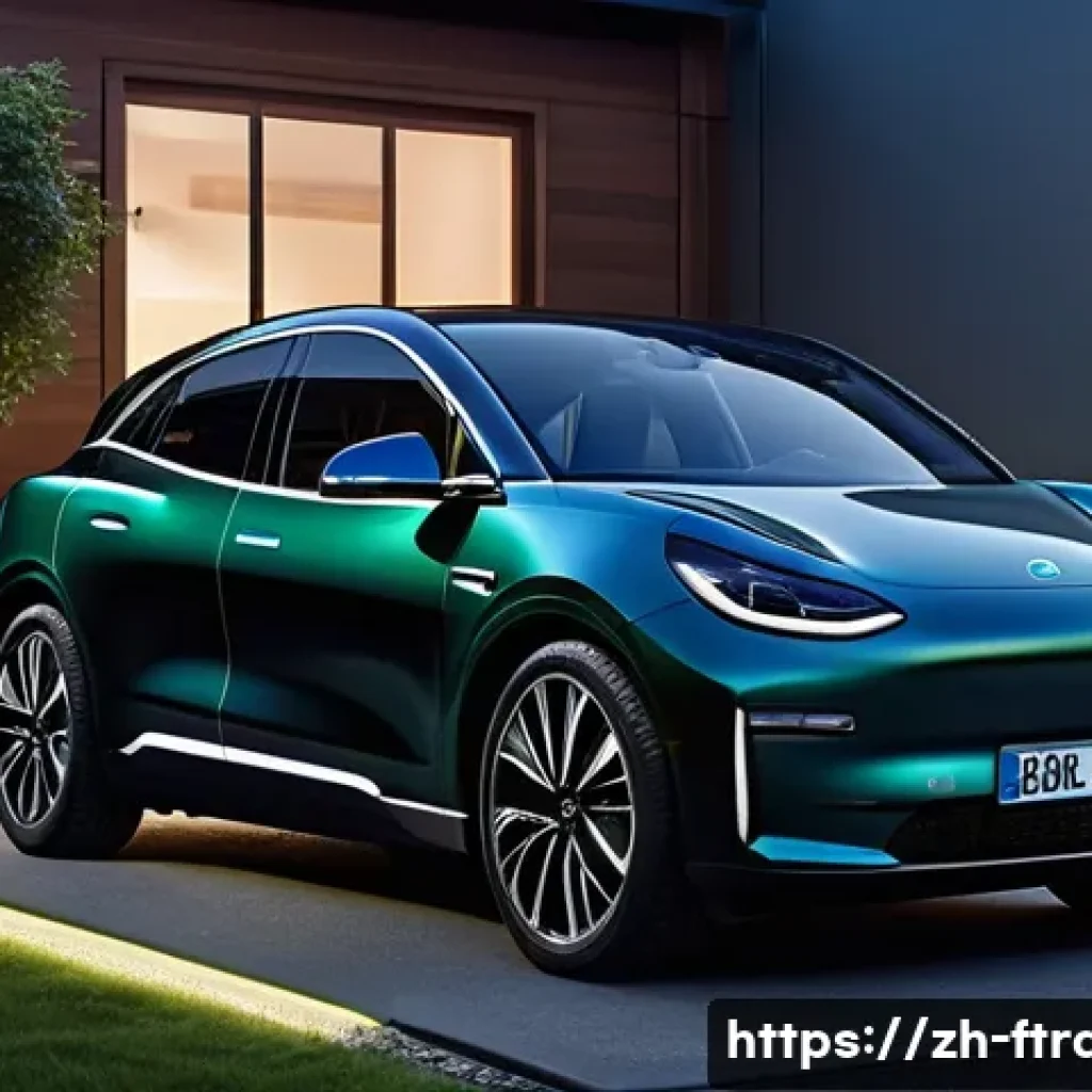 친환경 전기차 - A sleek, modern electric vehicle charging at a home garage equipped with a smart charging station di...
