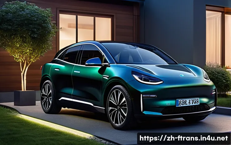 친환경 전기차 - A sleek, modern electric vehicle charging at a home garage equipped with a smart charging station di...