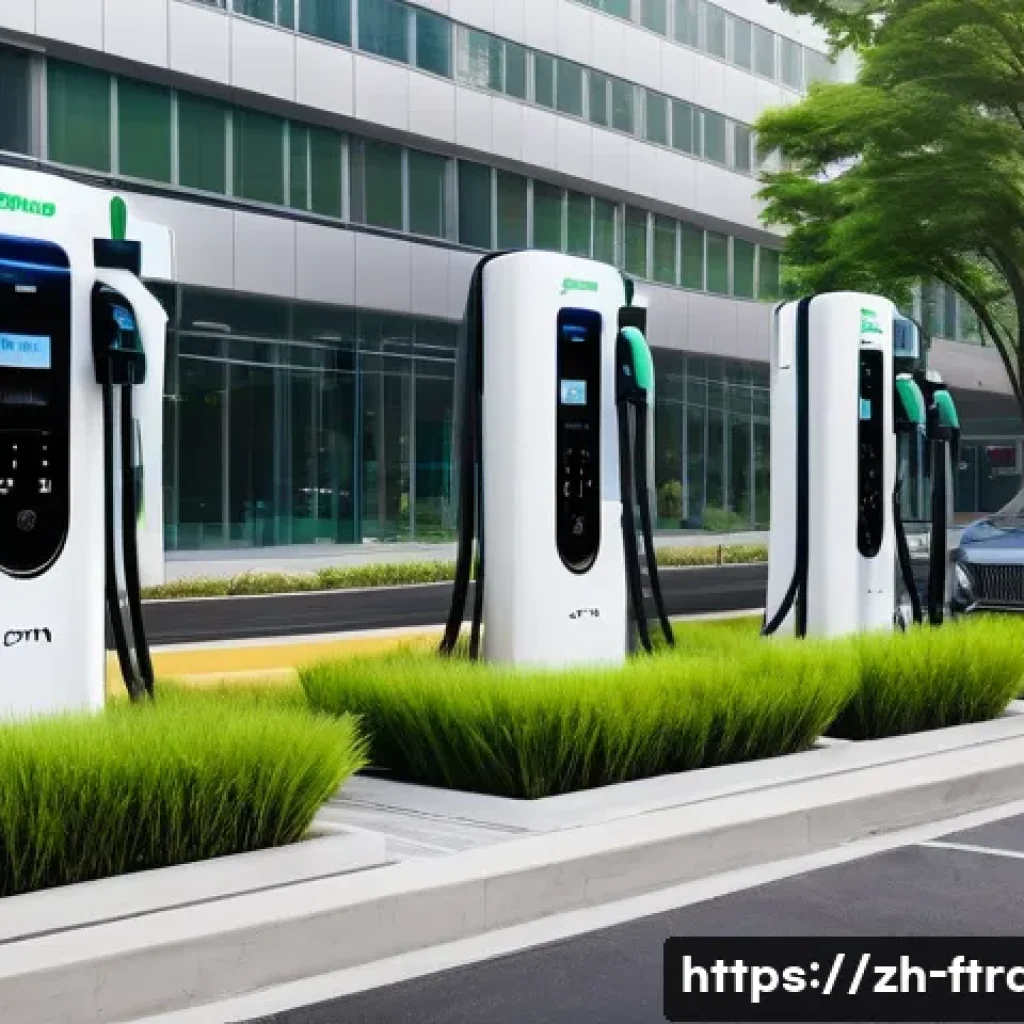 하이브리드차 충전소 - A modern urban cityscape showing a variety of hybrid vehicle charging stations clustered around busy...