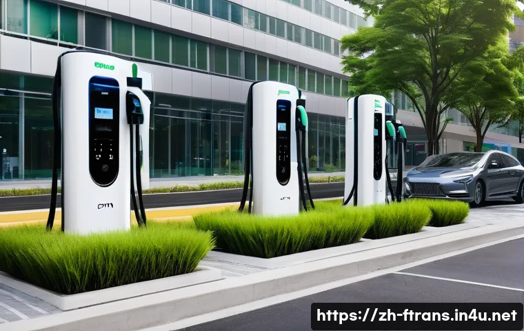 하이브리드차 충전소 - A modern urban cityscape showing a variety of hybrid vehicle charging stations clustered around busy...