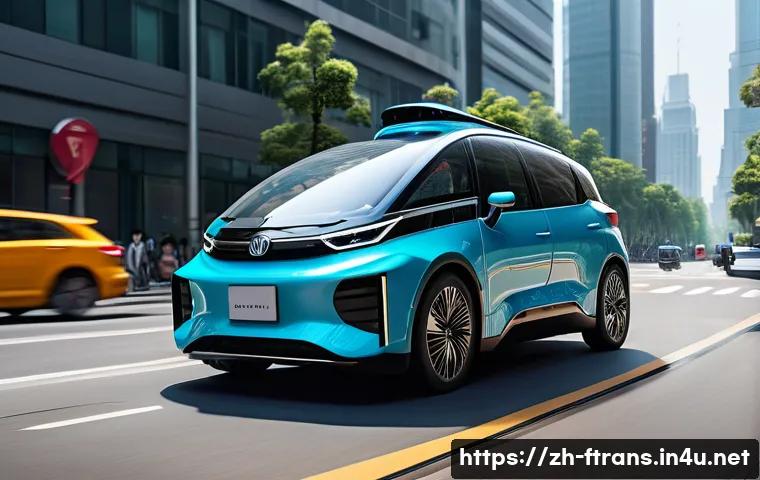 자율주행차 - A futuristic autonomous electric vehicle navigating a busy urban street in China, equipped with dive...