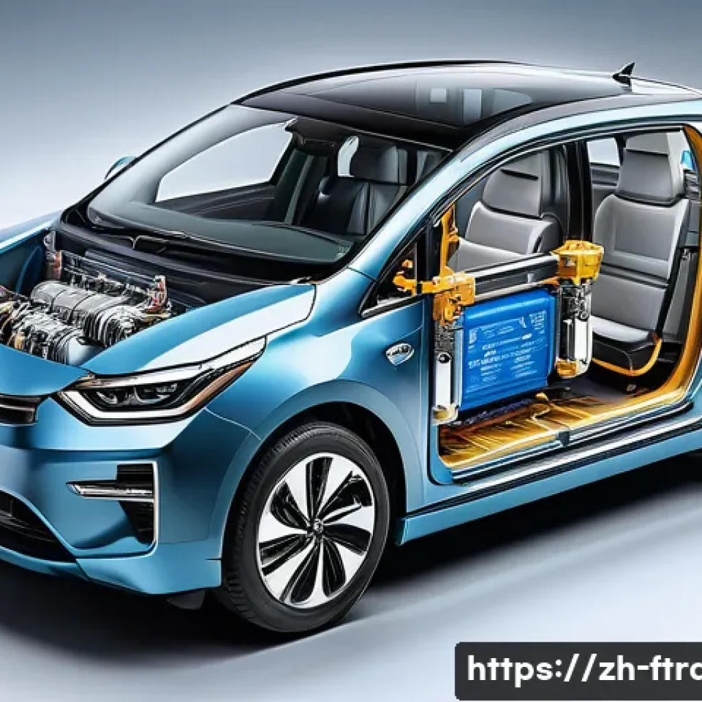 하이브리드차 기술 - A highly detailed and realistic illustration of a modern hybrid car powertrain system, showcasing th...