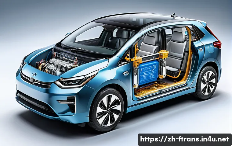 하이브리드차 기술 - A highly detailed and realistic illustration of a modern hybrid car powertrain system, showcasing th...