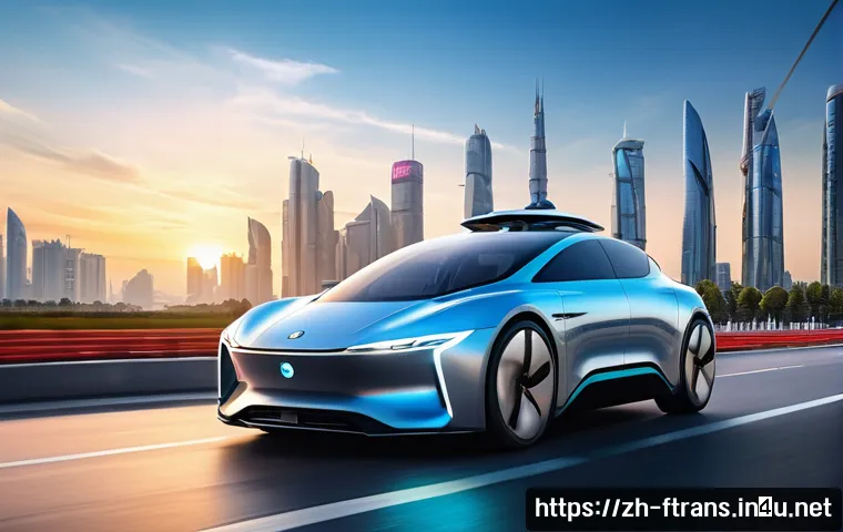 하늘을 나는 자동차 상용화 - A futuristic electric flying car in a bustling modern Chinese cityscape during sunset, showcasing sl...