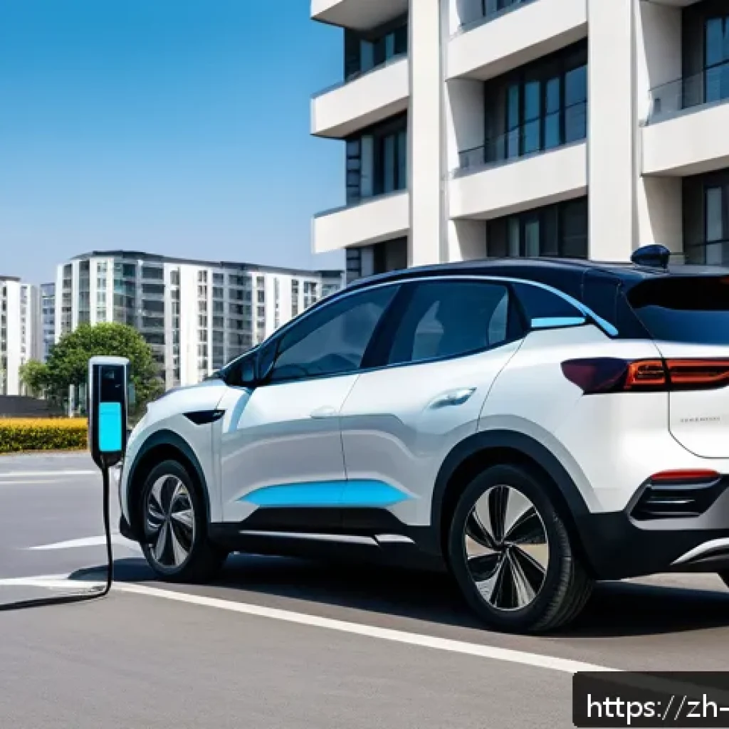 전기차 보조금 - A modern electric vehicle parked in an urban Chinese neighborhood with visible charging infrastructu...