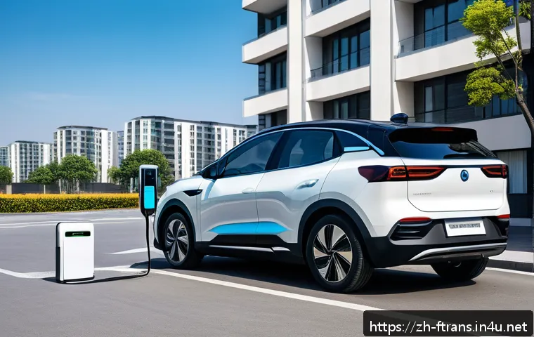 전기차 보조금 - A modern electric vehicle parked in an urban Chinese neighborhood with visible charging infrastructu...