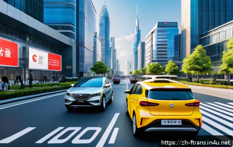 자율주행차 규제 - A futuristic urban scene featuring multiple autonomous vehicles on a smart city street under bright ...