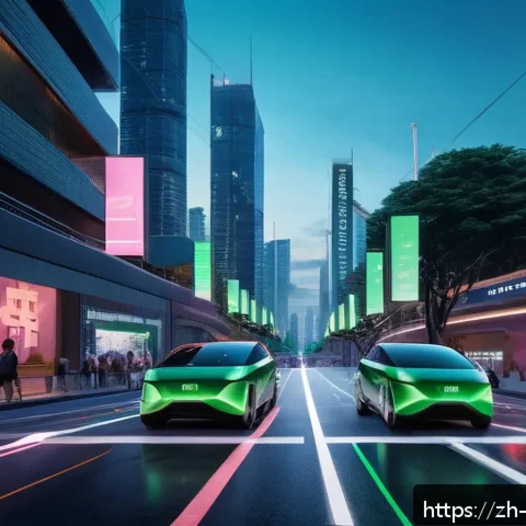 공유 자율주행차 - A futuristic urban street scene at dusk featuring multiple autonomous electric shared vehicles navig...