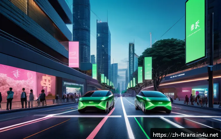 공유 자율주행차 - A futuristic urban street scene at dusk featuring multiple autonomous electric shared vehicles navig...