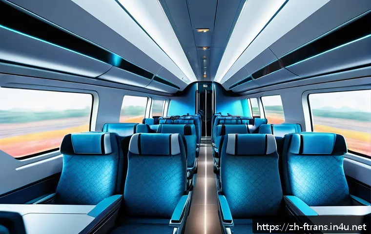 고속철도 운영체계 - A futuristic high-speed train interior showcasing an advanced intelligent monitoring